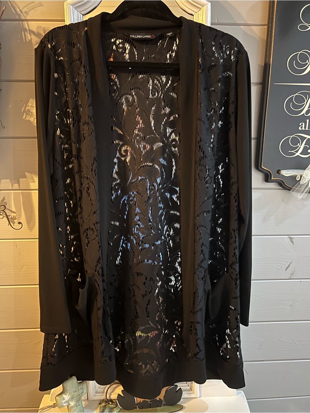 Colleen Lopez Black Lace Open-Work Cardigan NWOT
